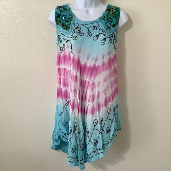 Vintage Blue Tie Dye Fairy Hippie Boho Embroidered Festive Mini Dress Large - Picture 1 of 9